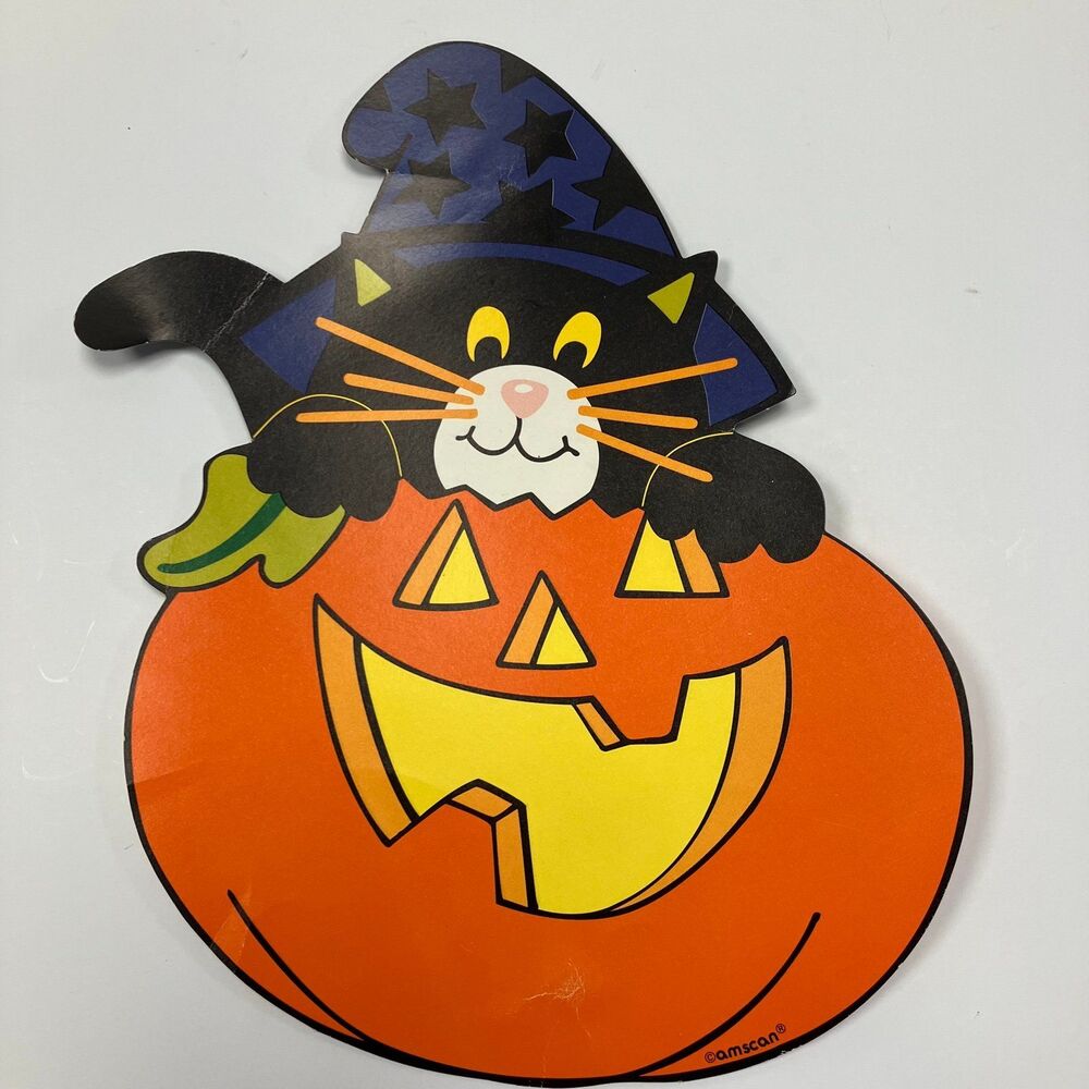 VINTAGE HALLOWEEN DIE CUT AMSCAN PUMPKIN JACK-O-LANTERN BLACK CAT WITCH